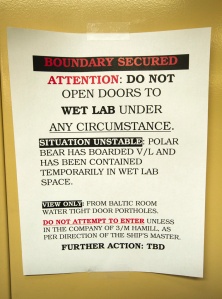 There is a polar bear in the wet lab.